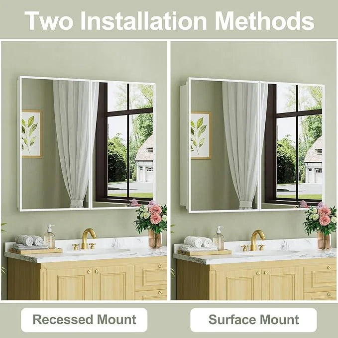 Buruis 36" x 30" Framed Medicine Cabinet with Mirror, Recessed or Wall Mounted Bathroom Cabinet, Adjustable Tempered Glass Shelves, Left/Right Open Reversible, No Assembly Required, White - ModernBath