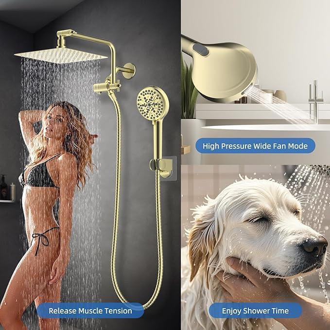 All Metal Shower Head, 10" High Pressure Rainfall/Handheld Shower Combo with 11" Extension Arm, 10-Spray Handheld Showerhead, 71" Long Hose, 3-Way Diverter Valve, Shiny Gold - ModernBath