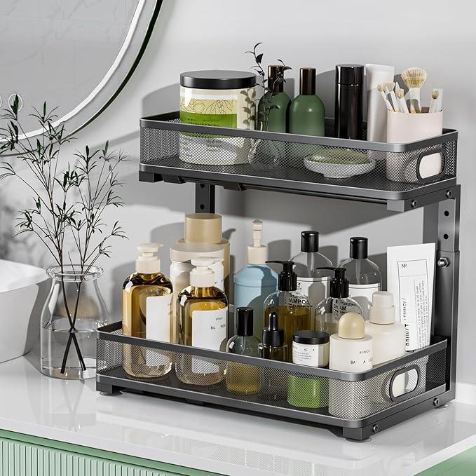 Under Sink Organizer, High Adjustable 2 Tier Under Sink Organizers and Storage, Slide Out Metal Cabinet Organizers, Pull Out Sink Storage Drawer Shelf for Kitchen Bathroom Cabinet, Black, 1 Pack - ModernBath