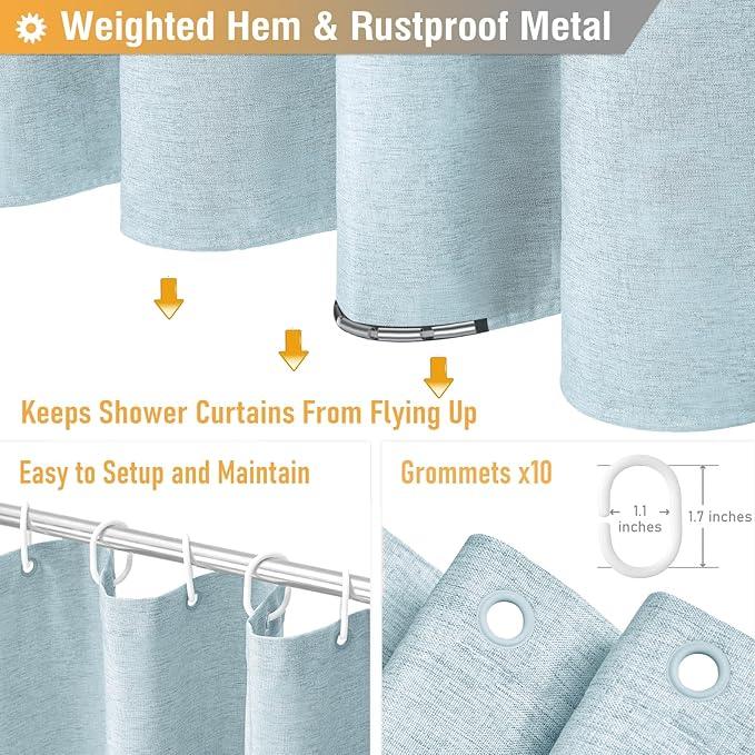 BTTN Stall Fabric Shower Curtain - 54x78 Inch Long Linen Textured Heavy Duty Shower Curtain Set with 10 Plastic Hooks, Narrow Neutral Outdoor Weighted Waterproof Shower Curtains for Bathroom, Fog Blue - ModernBath