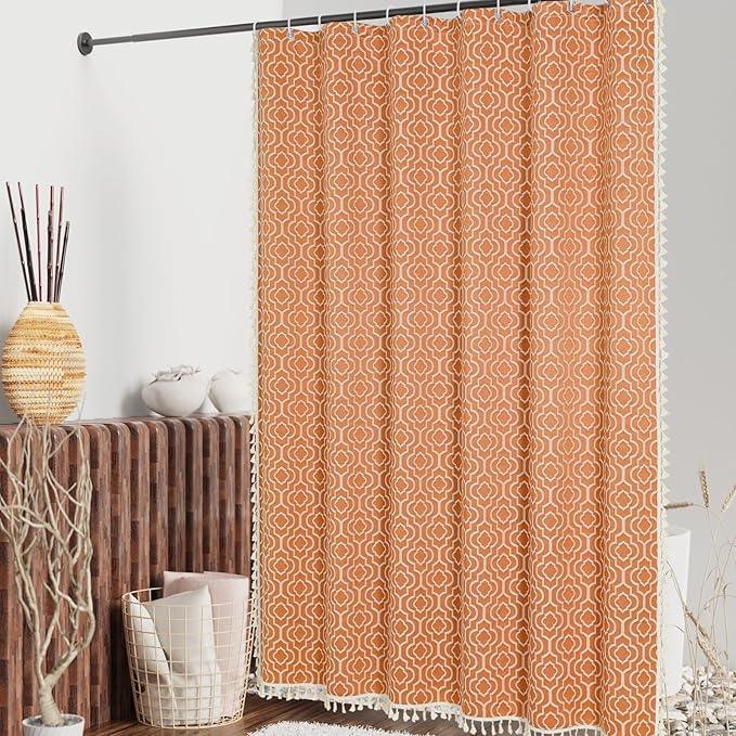 MitoVilla Orange Boho Extra Long Shower Curtain 72 x 84, Modern Farmhouse 84 inch XL Cotton Fabric Shower Curtain Set with Hooks for Bohemia Country Bathroom Decor - ModernBath