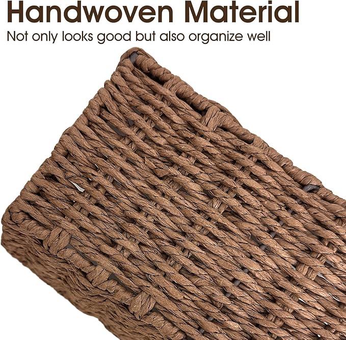 Paper Rope Storage Baskets for Shelves Organizing, Small Hand Woven Wicker Organizer Basket with Handle for Bathroom Toilet Paper Storage, Brown, 3-Pack - ModernBath