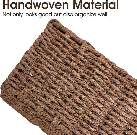 Paper Rope Storage Baskets for Shelves Organizing, Small Hand Woven Wicker Organizer Basket with Handle for Bathroom Toilet Paper Storage, Brown, 3-Pack - ModernBath