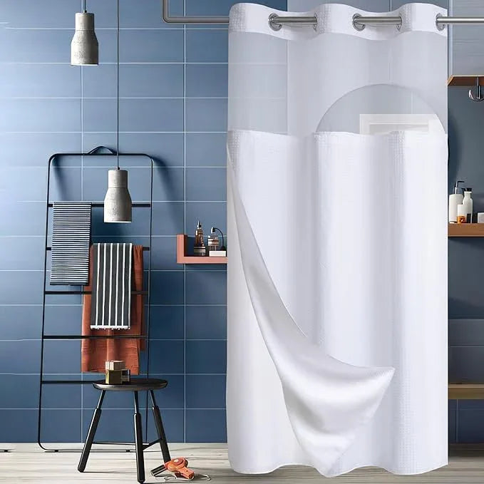 Conbo Mio Stall No Hook Waffle Weave Shower Curtain with Snap in Liner Set, Hotel Luxury White Shower Curtains for Bathroom with See Through Top Window, Waterproof, Washable 36W x 74H - ModernBath