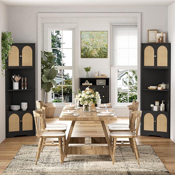 67''H Tall Corner Cabinet with Handmade Rattan Door, Rattan Storage Cabinet with Adjustable Shelves, Corner Bookshelf Space Saver for Barthroom, Kitchen, Living Room, Black - ModernBath