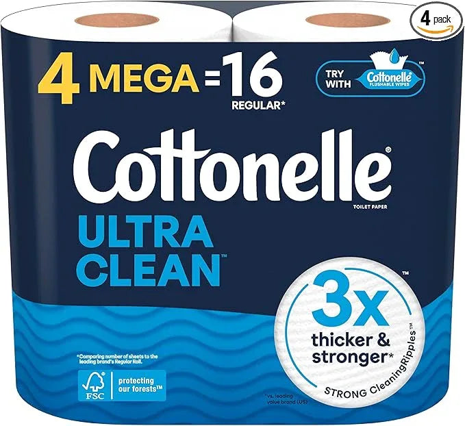 Cottonelle Ultra Clean Toilet Paper, 4 Mega Rolls = 16 Regular Rolls, Packaging May Vary - ModernBath