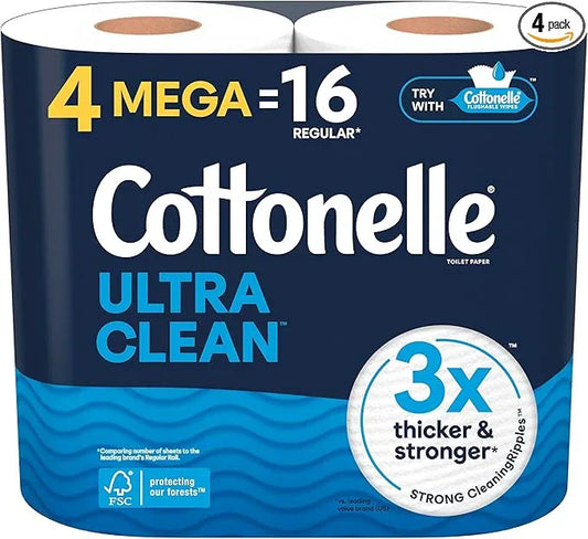Cottonelle Ultra Clean Toilet Paper, 4 Mega Rolls = 16 Regular Rolls, Packaging May Vary - ModernBath
