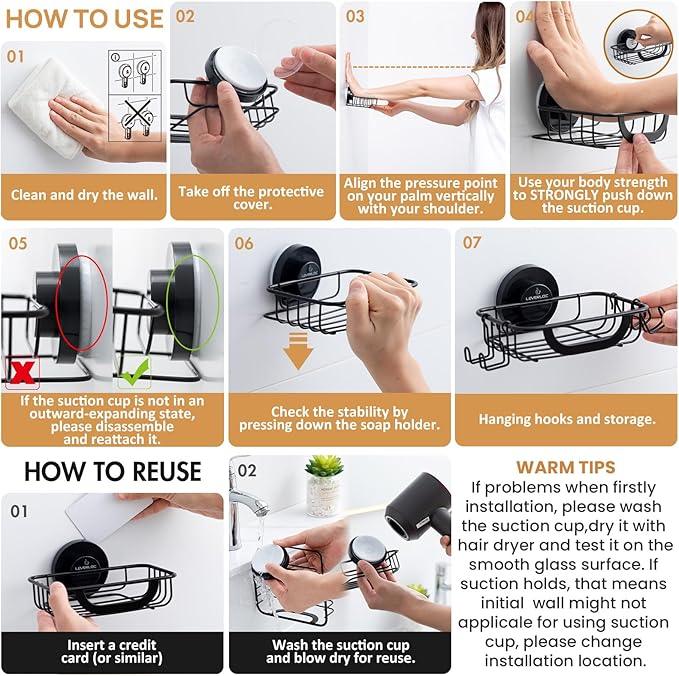 LEVERLOC Soap Holder Dish with Hooks for Shower, Bar Suction Cup Soap Tray Wall Mounted, Rustproof Stainless Steel Sponge Holder Caddy for Bathroom Bathtub Kitchen Sink, Black - ModernBath
