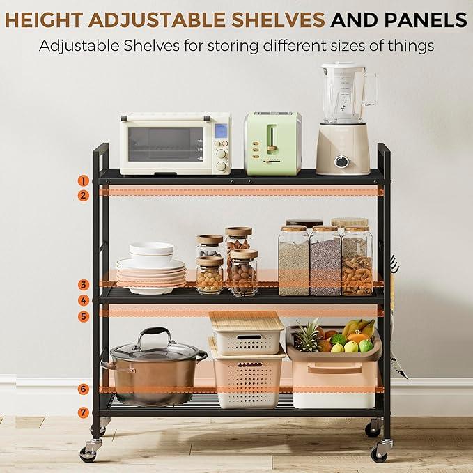 3-Tier Metal Storage Rack with Industrial Wheels,Mesh Shelving Unit with Wooden Table top,Adjustable Shelf,31.5-Inch Width, for Kitchen, Laundry,Pantry,Plant,Black panel and black frame - ModernBath