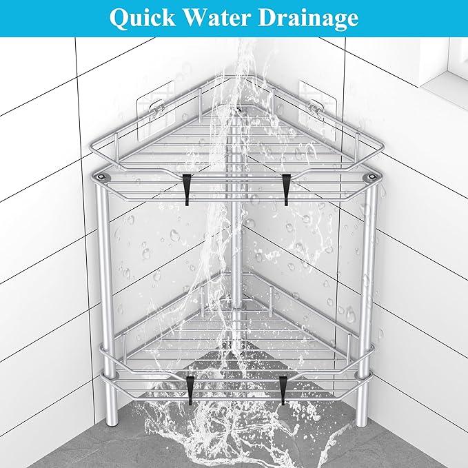 2 Tier Floor Standing Corner Shower Caddy Organizer Shelf with Hooks, Bathroom Shelves Stand Rack, Silver - ModernBath