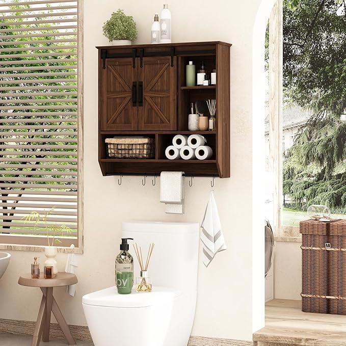 RUSTOWN Farmhouse Bathroom Wall Cabinet,3-Tier Rustic Wood Wall Mounted Cabinets,Vintage Medicine Cabinet with Sliding Barn Door and Adjustable Shelves,Over The Toilet Storage Cabinet (Dark Walnut) - ModernBath