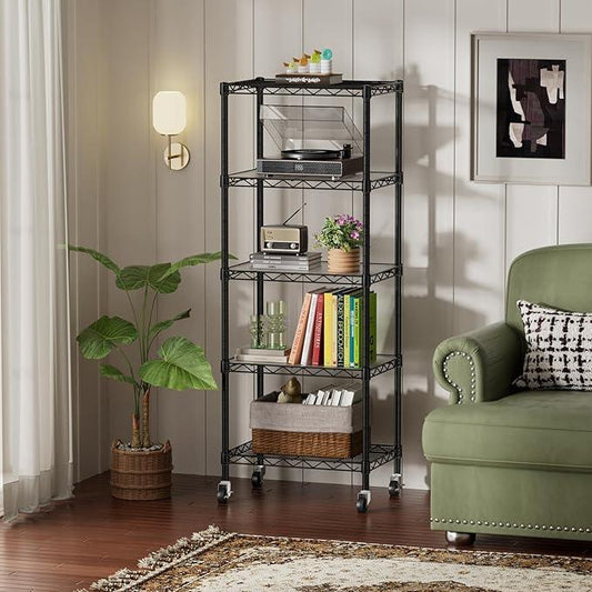 SINGAYE 5 Shelves Storage Shelf Wire Closet Bathroom Organizers Metal Pantry Kitchen Small Garage Shelving Unit Laundry Room Organization Home Narrow Rack Net Basket with Wheels Black - ModernBath