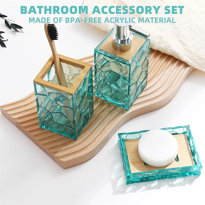 GAHEFY Teal Blue Beach Bathroom Accessories Set, Toothbrush Holder, Soap Dispenser, Cotton Swabs Holder, Soap Dish, Toilet Brush with Holder, Boho Bamboo Bathroom Decor,Acrylic (Teal) - ModernBath