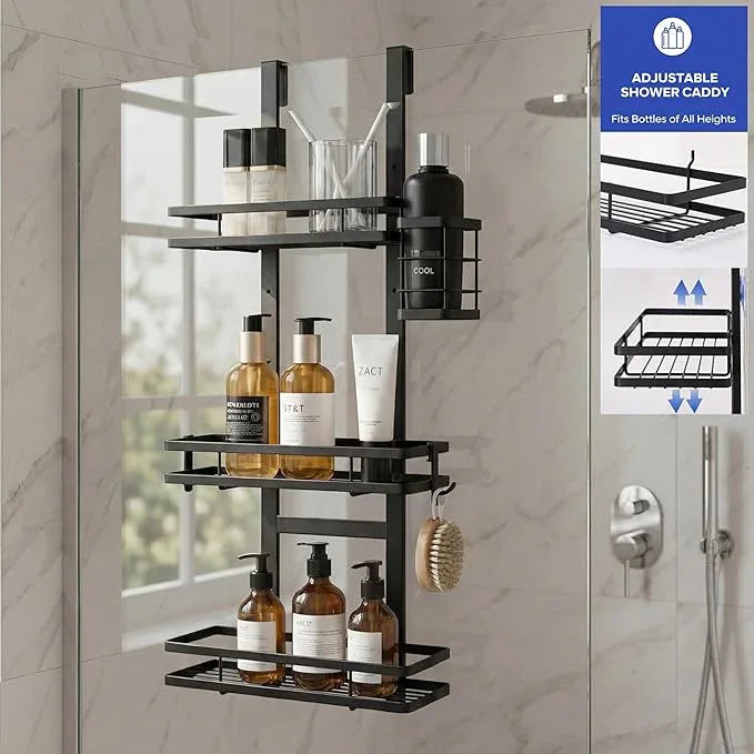WEYALLE Over the Door Shower Caddy Hanging, Rustproof Shower Shelves with Waterproof Phone Pouch, 3-Tier Adjustable Bathroom Organizers and Storage, No Drilling Shower Shelf, Black Shampoo Soap Holder - ModernBath