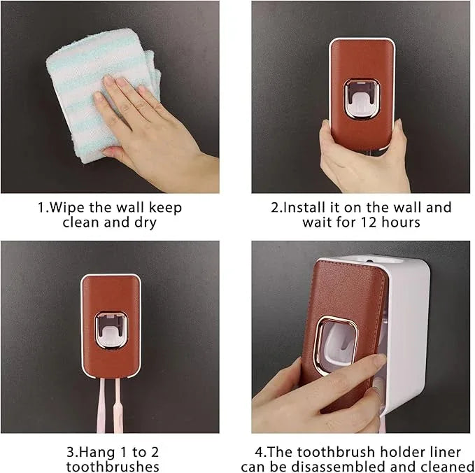 2 Slot Toothbrush Holder and Toothpaste Dispenser Wall Mounted, Automatic Toothpaste Squeezer, 2 in 1 Tooth Brush Toothpaste Organizer for Shower (Brown 2Pack) - ModernBath