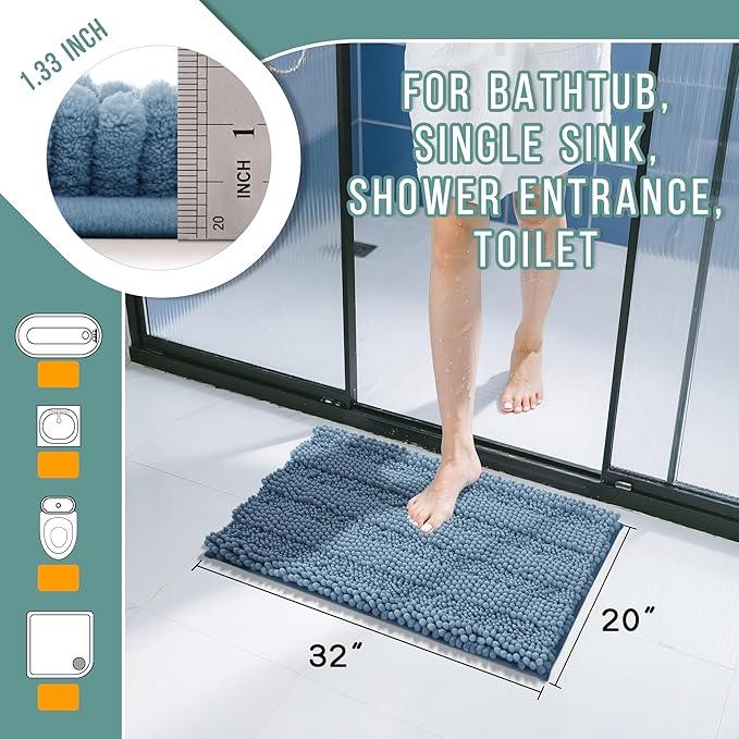 Yimobra Bathroom Rug Mat 32 x 20, Non Slip and Super Absorbent Bath Mat,Machine Washable Quick Dry,Ultra Plush Chenille Shower Rugs for Bathroom Floor Sink Tub and Shower Outside,Denim Blue - ModernBath