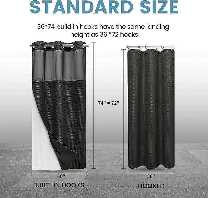 EUTXL Stall No Hook Shower Curtain with Snap in Liner,230GSM Waffle Weave Shower Curtains for Bathroom,36W x 74H,Black - ModernBath