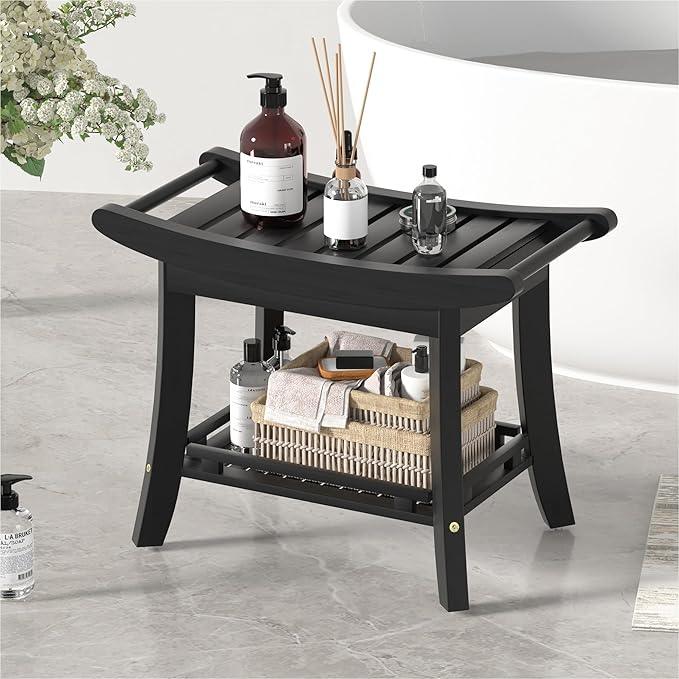 Eastglory Bamboo Shower Bench Chair Bathroom Shower Stool Seat for Inside Shower Bathtub with Storage Shelf Shower Foot Rest for Shaving Legs 25.2 x 13 x 19.2 Inches Black - ModernBath