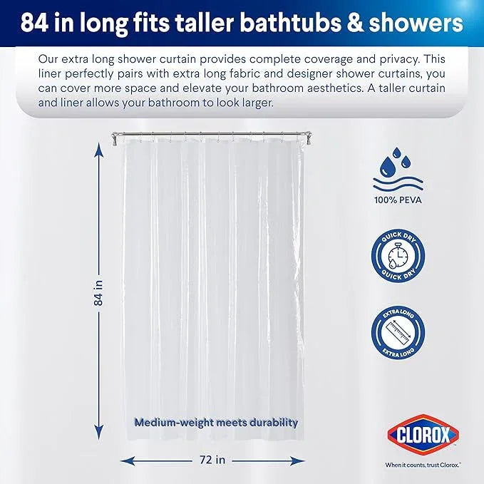 CLOROX Shower Curtain Liner, Premium Medium-Weight Durable Waterproof 6g PEVA for Bathroom with Weighted Magnets, Extra Long 72" x 84", Clear 1 Pack - ModernBath