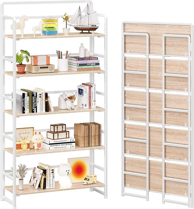 4NM No Assembly Extra Wide 5 Tiers Folding Bookshelf Storage Shelves Vintage Bookcase Standing Racks Study Organizer Home Office (Natural White) - ModernBath