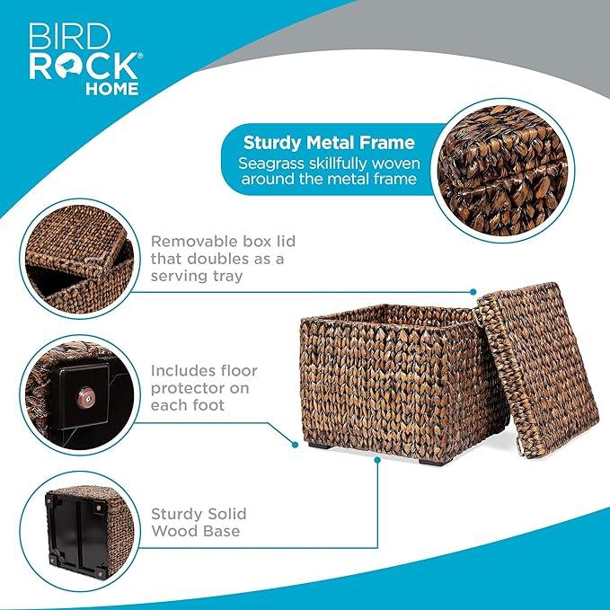 BIRDROCK HOME Storage Cube Box with Lid - Brown Wash Seagrass - Hand Woven Container for Blankets Pillows - Sturdy Metal Frame - ModernBath
