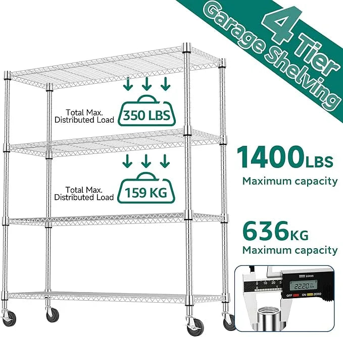 4 Tiers Shelf 1400 lbs Steel Storage Shelving Utility Shelving Unit Steel Organizer Wire Rack for Home,Kitchen,Office,Garage Chrome 17.7" D x 47.2" W x 62.6" H - ModernBath
