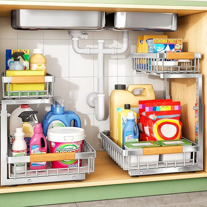 Under Sink Organizer, Stainless Steel 2 Packs 2 Tier Under Sink Organizers and Storage, Slide out Pull out Cabinet Shelf, Sliding Drawer for Kitchen Bathroom Pantry Cabinet Closet Organization Rack - ModernBath
