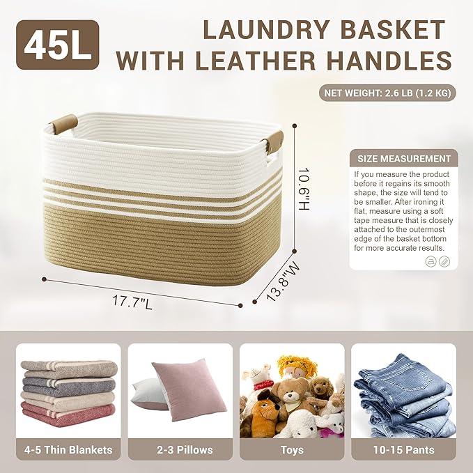 45L Small Laundry Basket with Leather Handles for Living Room Storage, Woven Rope Baskets Bin for Blanket, Kids Toy, Gifts, Wicker Hamper for Bedroom Dirty Clothes, 18"x14"x11" Khaki - ModernBath