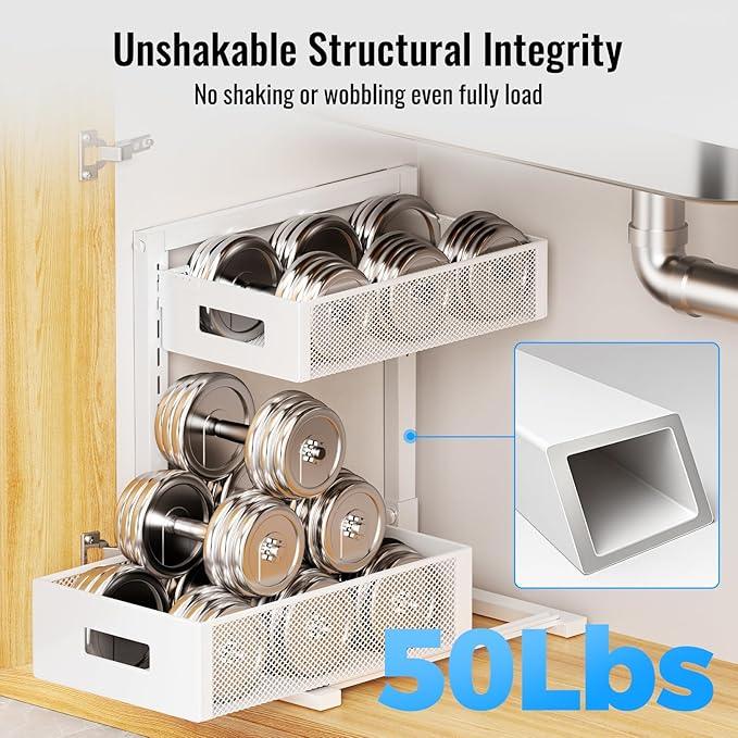 Full Metal Under Sink Organizer, Pull Out Cabinet Organizers and Storage, Silk-Smooth Sliding Drawer for Kitchen, Bathroom, Pantry, Cabinet, Closet (White, 2 Pack) - ModernBath