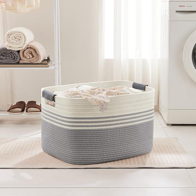 86L Extra Large Laundry Basket with Leather Handles for Living Room Storage, Woven Rope Baskets for Blanket, Kids Toy, Gifts, Wicker Hamper for Bedroom Dirty Clothes, 24"x16"x14" White Grey - ModernBath