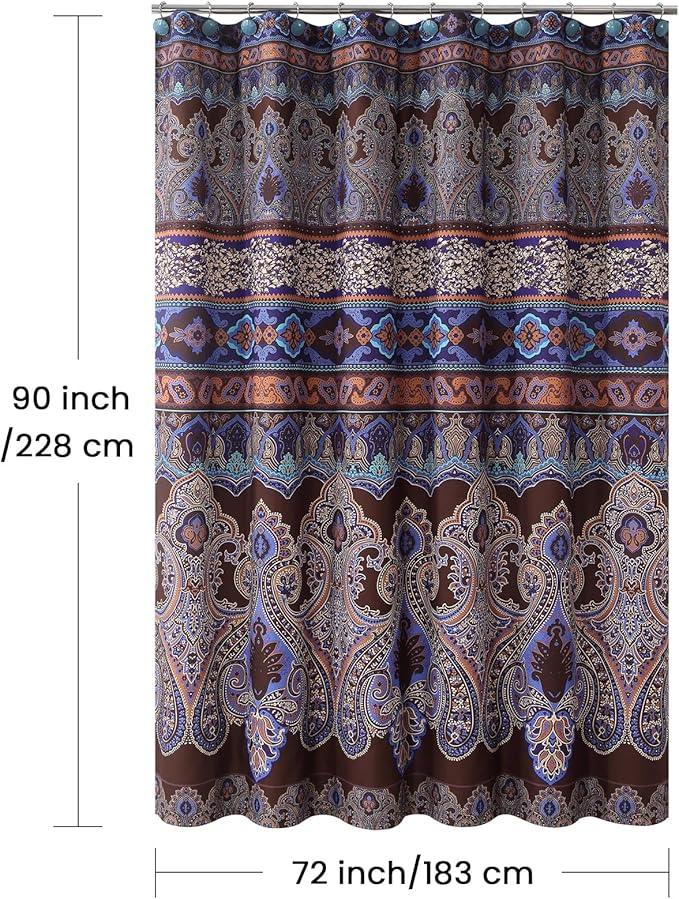 BESTRIPES 90 Inch Boho Shower Curtain, Extra Long Brown and Blue Bohemian Paisley Pattern Waterproof Fabric Shower Curtains for Bathroom, 72" W x 90" H - ModernBath