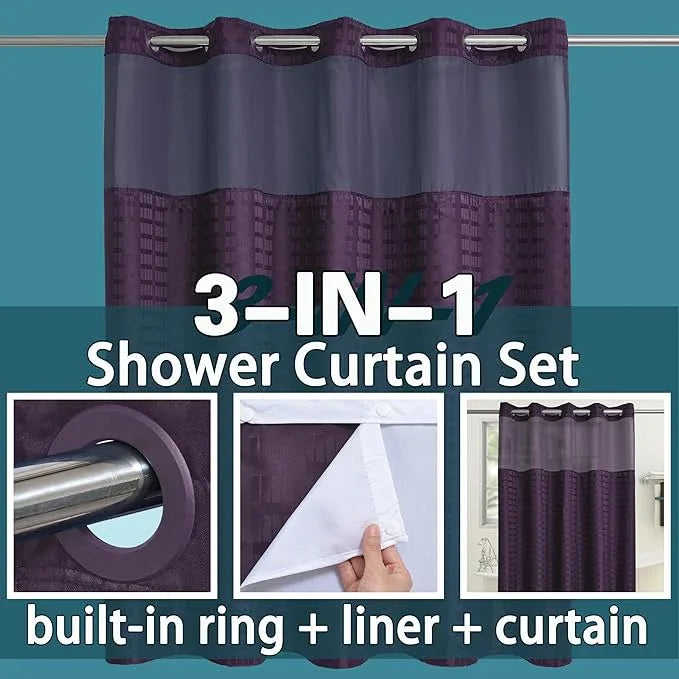 Extra Long No Hook Shower Curtain with Snap in Liner Set, Hotel Luxury Purple Shower Curtains for Bathroom with See Through Top Window, Waterproof, Washable 71W x 84H - ModernBath