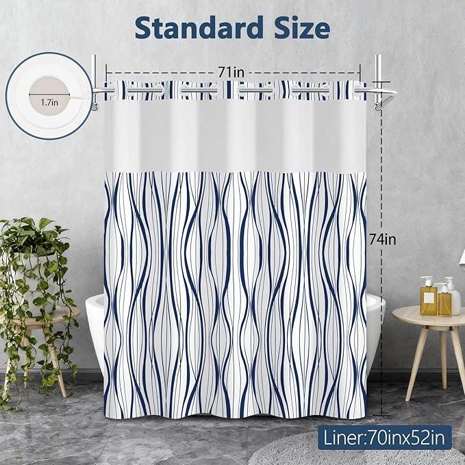 Abstract Blue Striped Shower Curtains for Bathroom, Waterproof Double Layers Fabric Printed No Hook Shower Curtain and Liner Set, Modern Geometric Hotel Luxury Decor Bathroom Curtain, 71x74 Inch - ModernBath