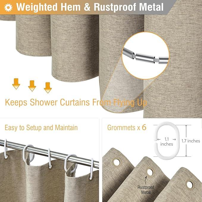 BTTN Fabric Shower Curtain, Linen Textured Heavy Duty Polyester Cloth Shower Curtain Set with Plastic Hooks, tan, 36x72 - ModernBath