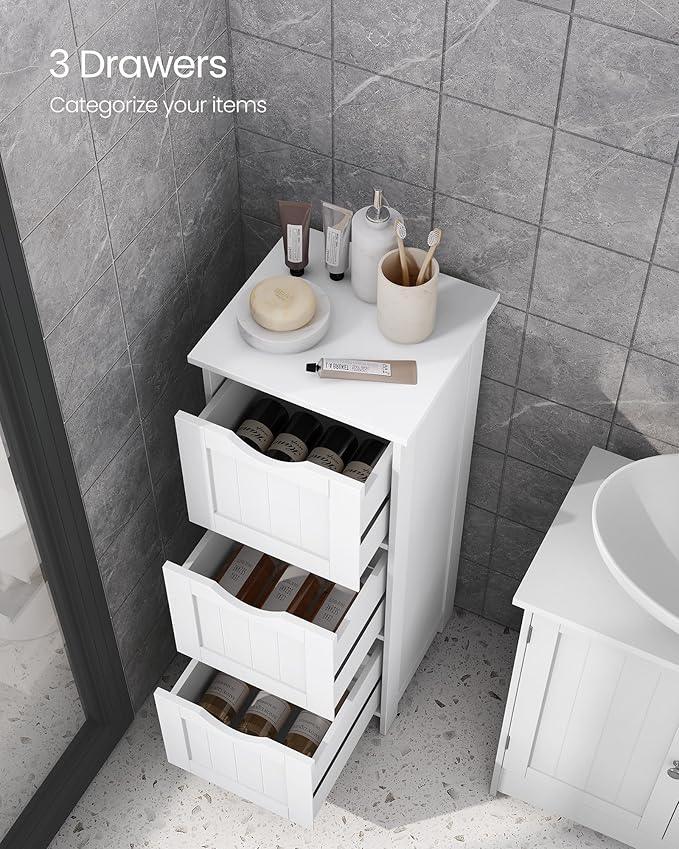 VASAGLE Floor Storage Cabinet, Freestanding Storage Unit with 3 Drawers, 11.8 x 12.6 x 31.9 Inches, for Bathroom, Living Room, Kitchen, Modern Style, Matte White UBBC50WT - ModernBath