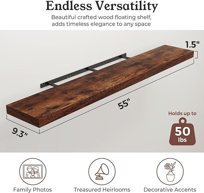 Floating Shelves for Wall, Wall Mounted Rustic Wood Shelves for Bathroom, Bedroom, Living Room, Kitchen, Hanging Shelf for Books/Storage/Room Decor (Brown, 55") - ModernBath