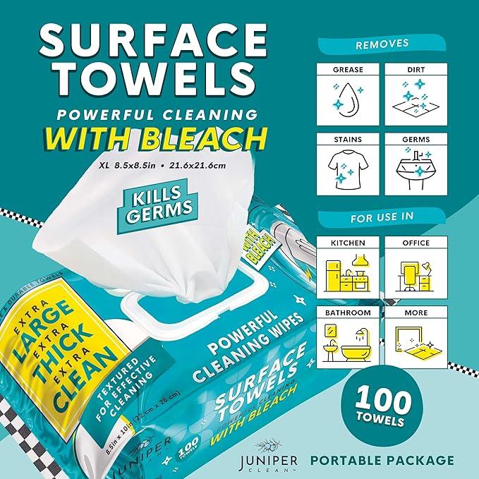 Juniper CLEAN 6 Packs Surface Wipes with Bleach, Thick & Large Dispose, All-Purpose Cleaner for Bathroom, Kitchen, Office, 600 Count Soft Flow, Biodegradable, Fresh Scent - ModernBath