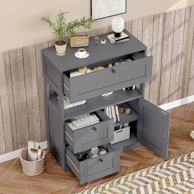 Bathroom Cabinet, Modern Bathroom Floor Storage Cabinet Organizer with 1 Door and 3 Drawers, Freestanding Cupboard for Kitchen/Living Room Use - ModernBath