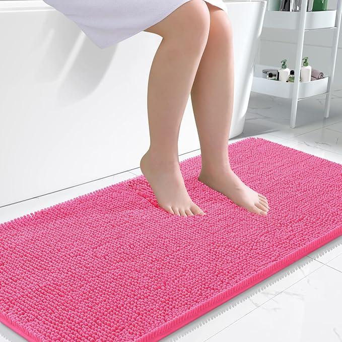 OLANLY Bathroom Rugs 47x24, Extra Soft Absorbent Chenille Bath Rugs, Rubber Backing Quick Dry, Machine Washable Bath Mats for Bathroom Floor, Tub and Shower, Home Decor Accessories, Hot Pink - ModernBath