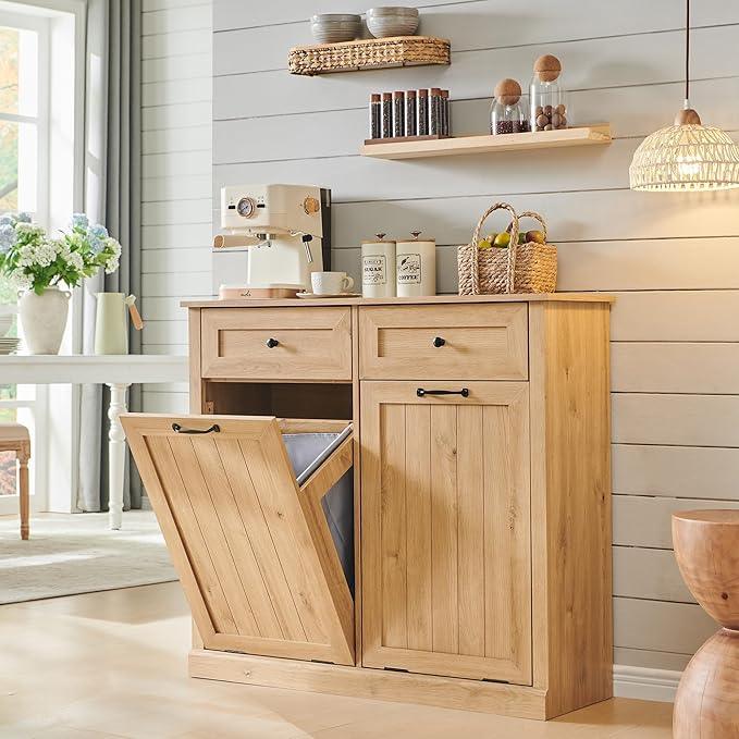 Double Tilt Out Laundry Hamper Cabinet, 20 Gallon Farmhouse Trash Can Cabinet with Drawer, Hidden Wood Garbage Can Bin Cabinets with Laundry Storage Basket for Bathroom, Kitchen (Natural) - ModernBath