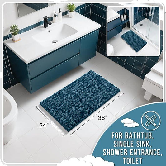 Yimobra Large Bathroom Rugs Non Slip Washable 36x24 Inch - Ultra Soft Absorbent Chenille Bath Mat, Quick Dry Shaggy Floor Carpet for Tub Shower, Peacock Blue Home Decor Accessories - ModernBath