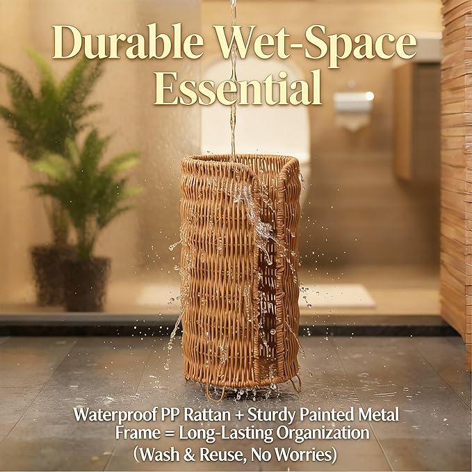Boho Toilet Paper Holder Stand with PP Rattan & Metal Frame, 3-Roll Toilet Paper Storage Basket, Freestanding Organizer for Bathroom (Natural Brown) - ModernBath