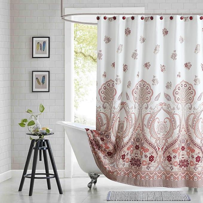 BESTRIPES Long Shower Curtain 72x78 Inch - Water-Repellent Off-White Premium Fabric with Burgundy Terracotta Taupe Paisley Floral Design - ModernBath