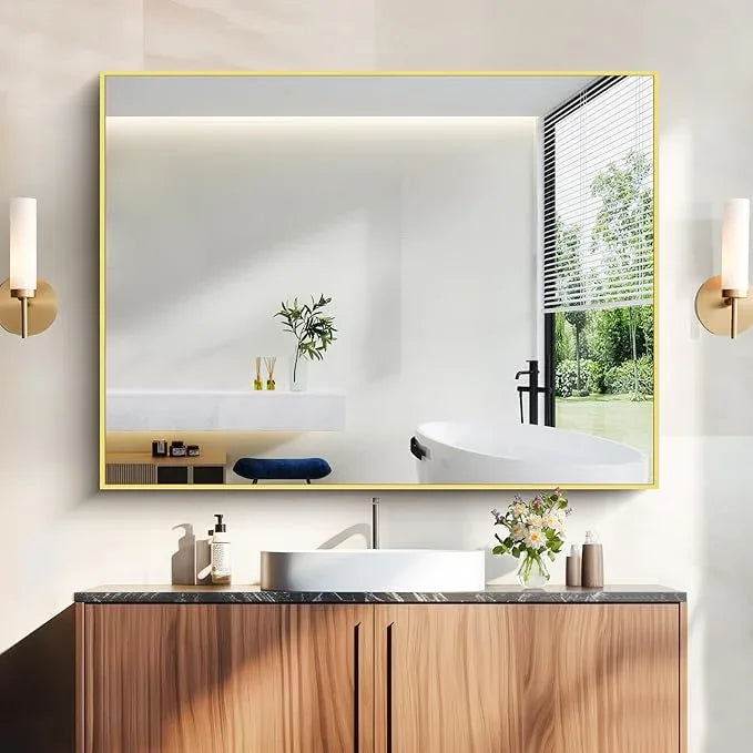 COFENY 36x48inch Bathroom Mirror, Gold Rectangle Mirror with Thin Metal Frame, Large Rectangular Wall Mirrors for Bathroom, Living Room, Hair Salon, Big Farmhouse Mirror Hang Horizontal/Vertical - ModernBath