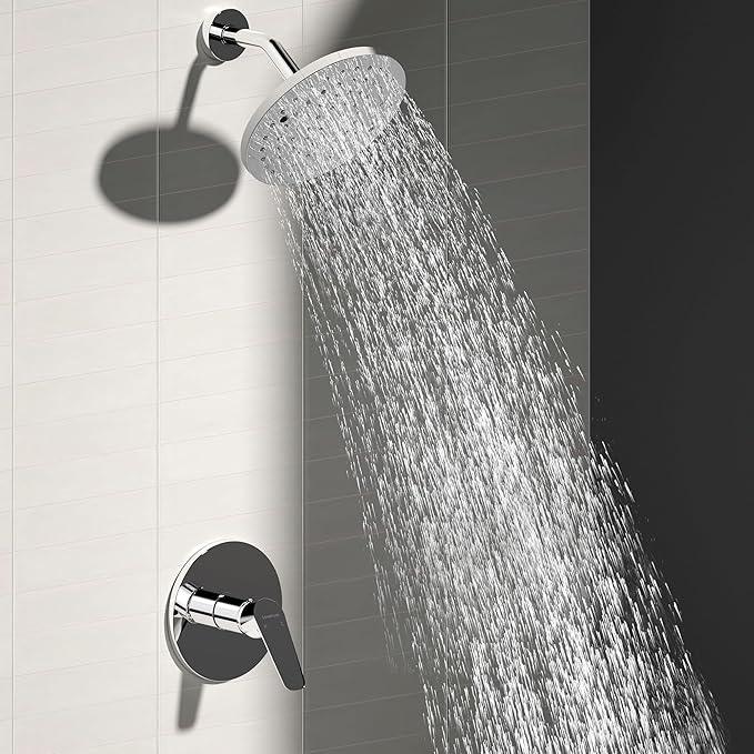 Lavatrum Premium Chrome Shower Head And Faucet Set Single Spray Wall Mount 8 Inch Rain Fall Round Shower Faucet with Rough-in Valve and Trim Kit for Bathroom - ModernBath