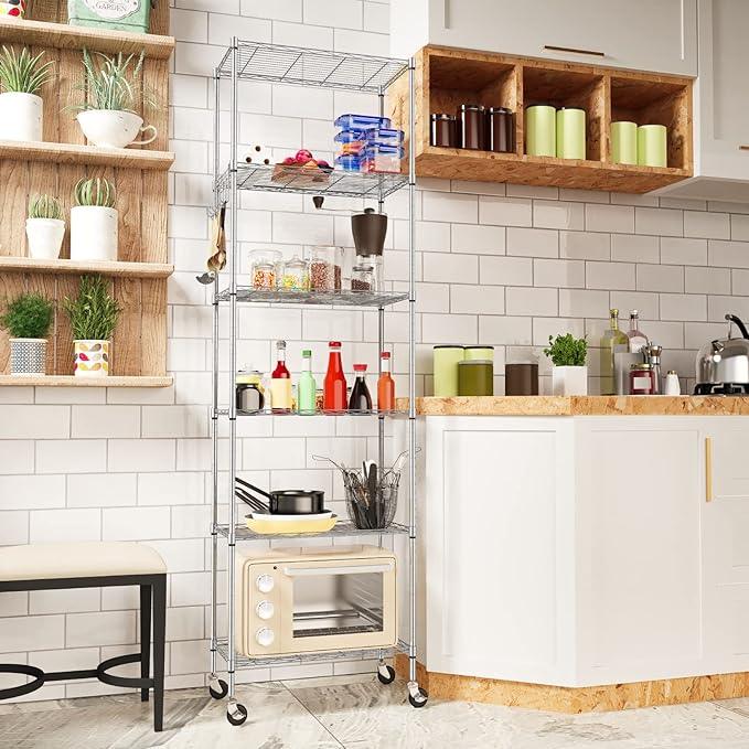 Homdox 6-Tier Storage Shelf Wire Shelving Unit Free Standing Rack Organization with Caster Wheels, Stainless Side Hooks, Silver Gray | Rack Organization, with Caster Wheels, Stainless Side Hooks - ModernBath