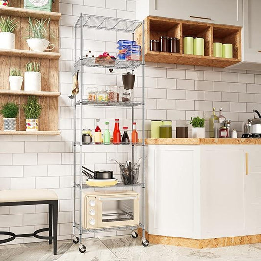 Homdox 6-Tier Storage Shelf Wire Shelving Unit Free Standing Rack Organization with Caster Wheels, Stainless Side Hooks, Silver Gray | Rack Organization, with Caster Wheels, Stainless Side Hooks - ModernBath