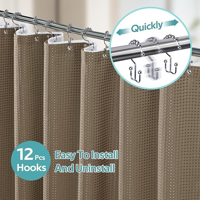 Vipfree 3 in 1 Shower Curtain Set, Waffle Shower Curtain and Liner Set with 12 Double Sided Shower Curtain Hooks, 258GSM Luxury Weighted Cloth Shower Curtains for Bathroom, 72 W x 84 H, Beige - ModernBath