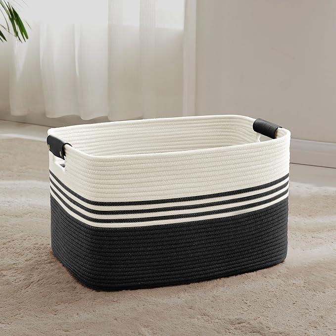 60L Large Laundry Basket with Leather Handles for Living Room Storage, Woven Rope Baskets Bin for Blanket, Kids Toy, Gifts, Wicker Hamper for Bedroom Dirty Clothes, 21"x15"x11" White Black - ModernBath