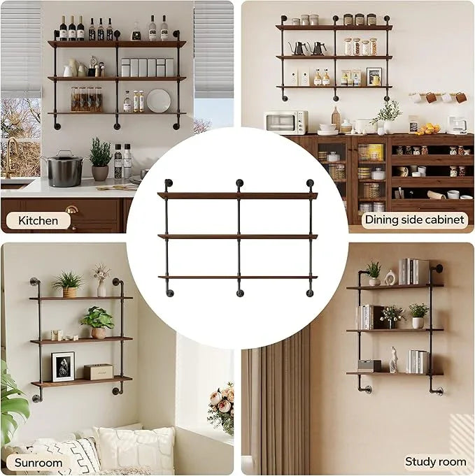 3-Tier Industrial Pipe Floating Shelf – Rustic 48 inch Wood Wall-Mounted Storage Shelf for Kitchen Office,Bathroom & Home Decor -Walnut - ModernBath